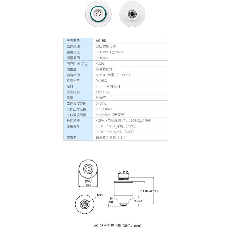 Oxygen Sensor Cell Replacement - AO-08 酸素センサー、交換可能なMOX2酸素電極、医療用人工呼吸器用、ガス濃度検知用、交換部品。